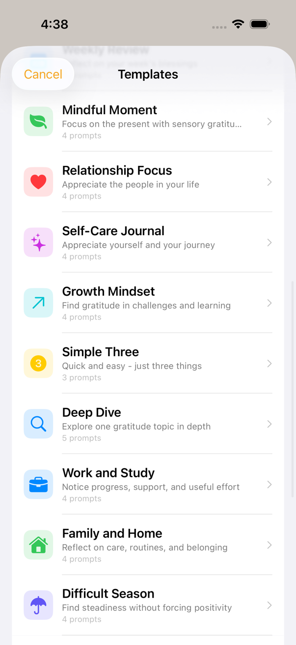 Daily Gratitude prompt templates screen