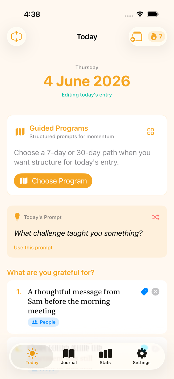 Daily Gratitude Today entry screen on iPhone